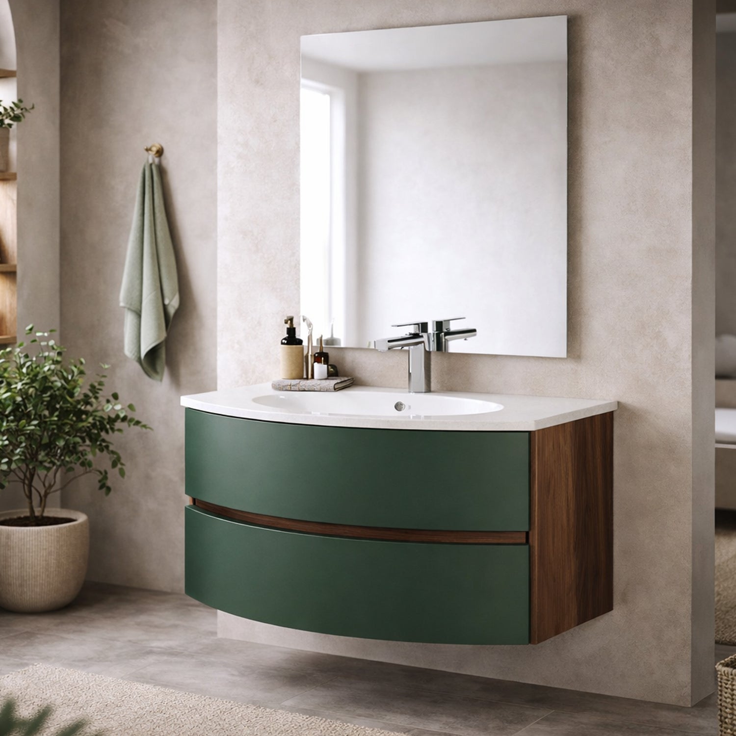 Mobile Bagno Sospeso Curvo con Lavabo e Specchio – Collezione Rìvola