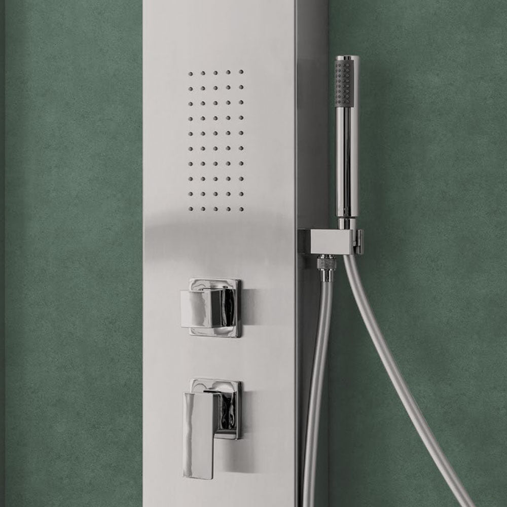 Pannello Doccia in acciaio inox spazzolato con miscelatore a 4 vie soffione con cascata, idromassaggio, flessibile e doccetta Agata