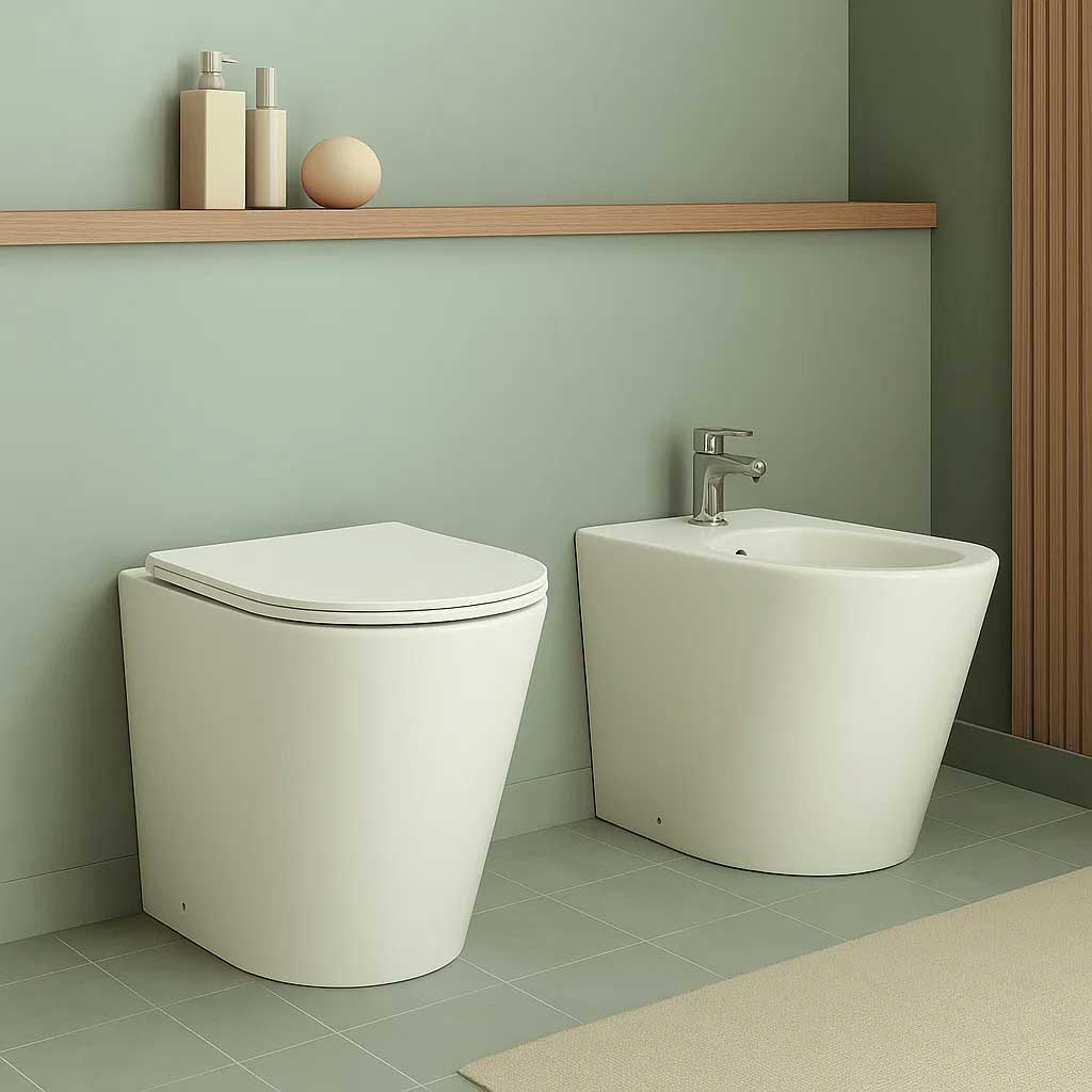 Sanitari moderni senza brida filo parete collezione Armonia con sedile Soft Close By Bathcore