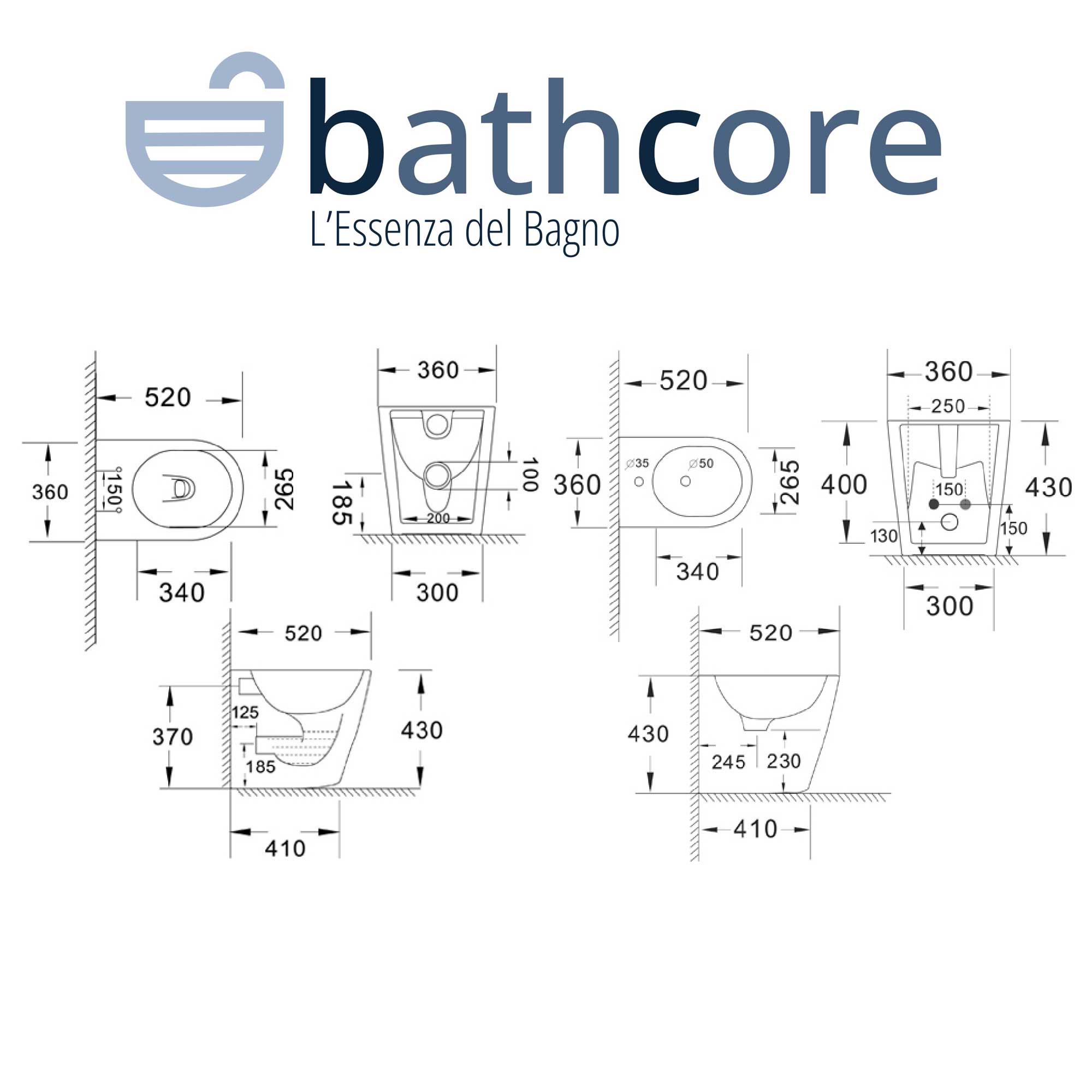 Sanitari moderni senza brida filo parete collezione Armonia con sedile Soft Close By Bathcore
