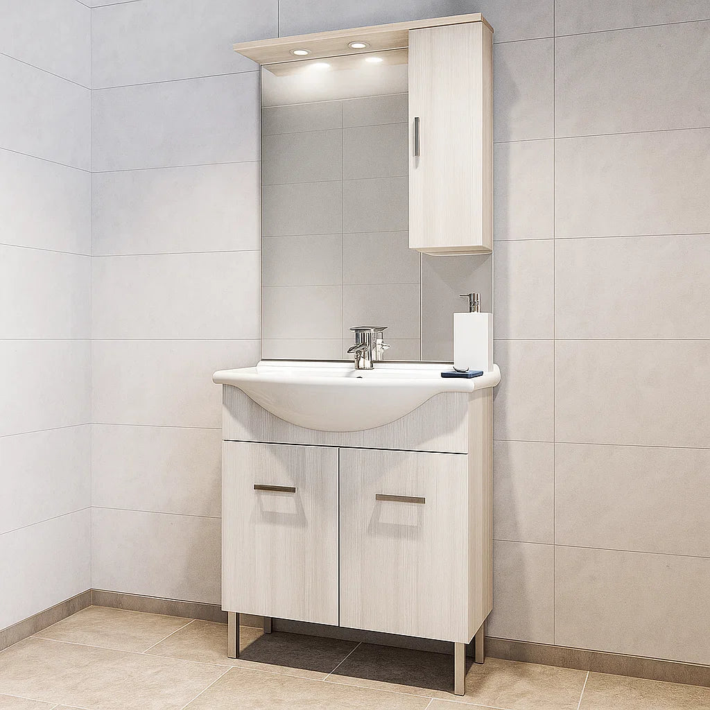 Mobiles Badezimmer-Unterschrank mit zwei Türen, Waschbecken, Spiegel und Hängeschrank Modell Jour in weißer Lärchen-Nachbildung