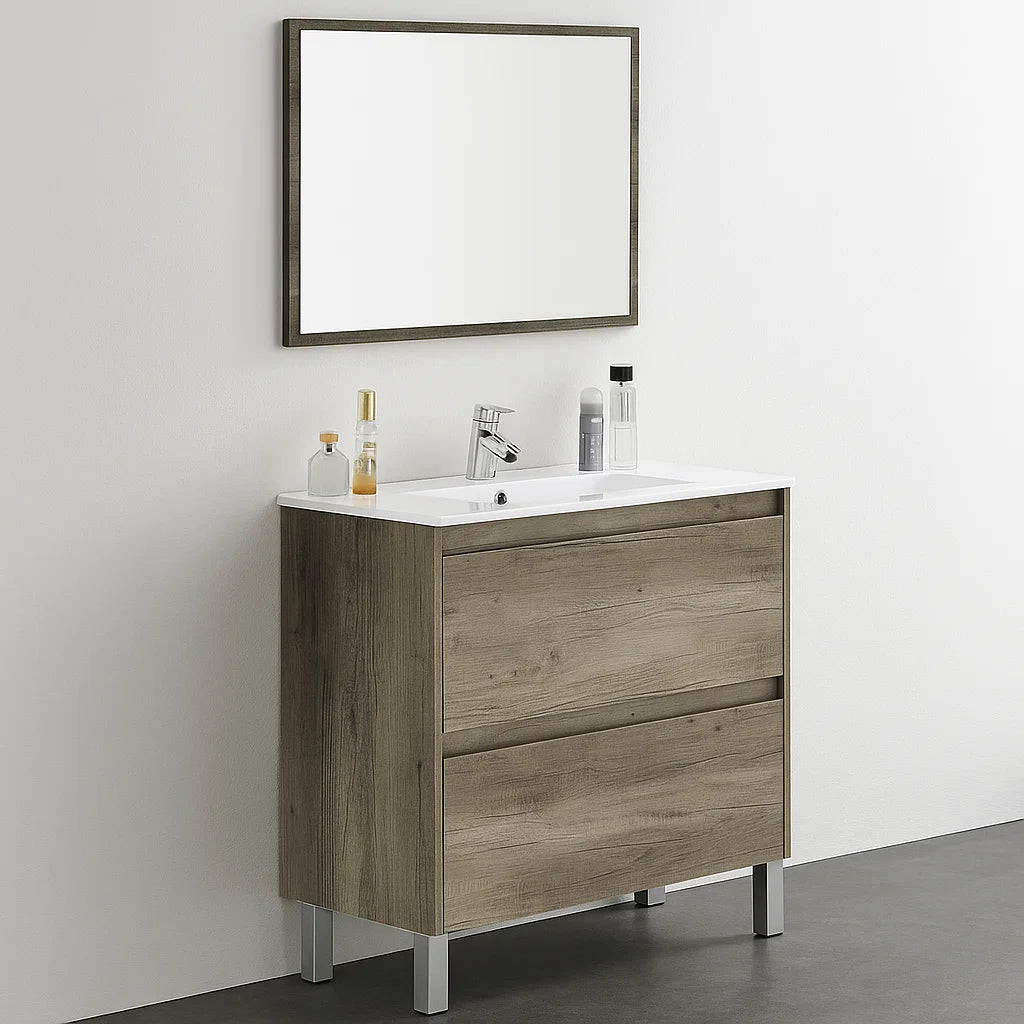 Mobile bagno Shibumi in melaminico 2 cassetti specchio e lavabo