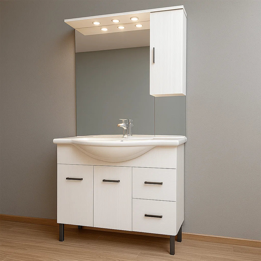 Mobile bagno a terra con due ante, due cassetti, lavabo in ceramica, specchio e pensile modello Jour in nobilitato bianco lucido