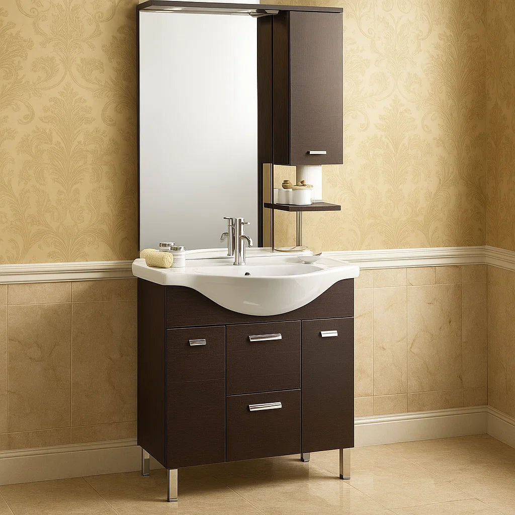 Mobile bagno "Cute" in truciolare idrorepellente di colore rovere moro con lavabo in ceramica bianca