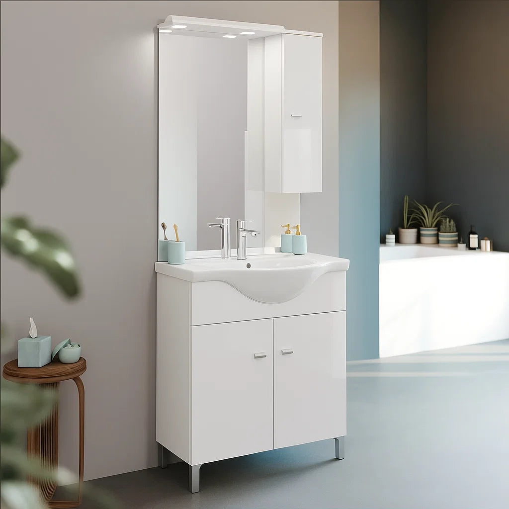Mobile bagno a terra con specchiera e lavabo Cubi&Co modello Savona - Bianco Lucido