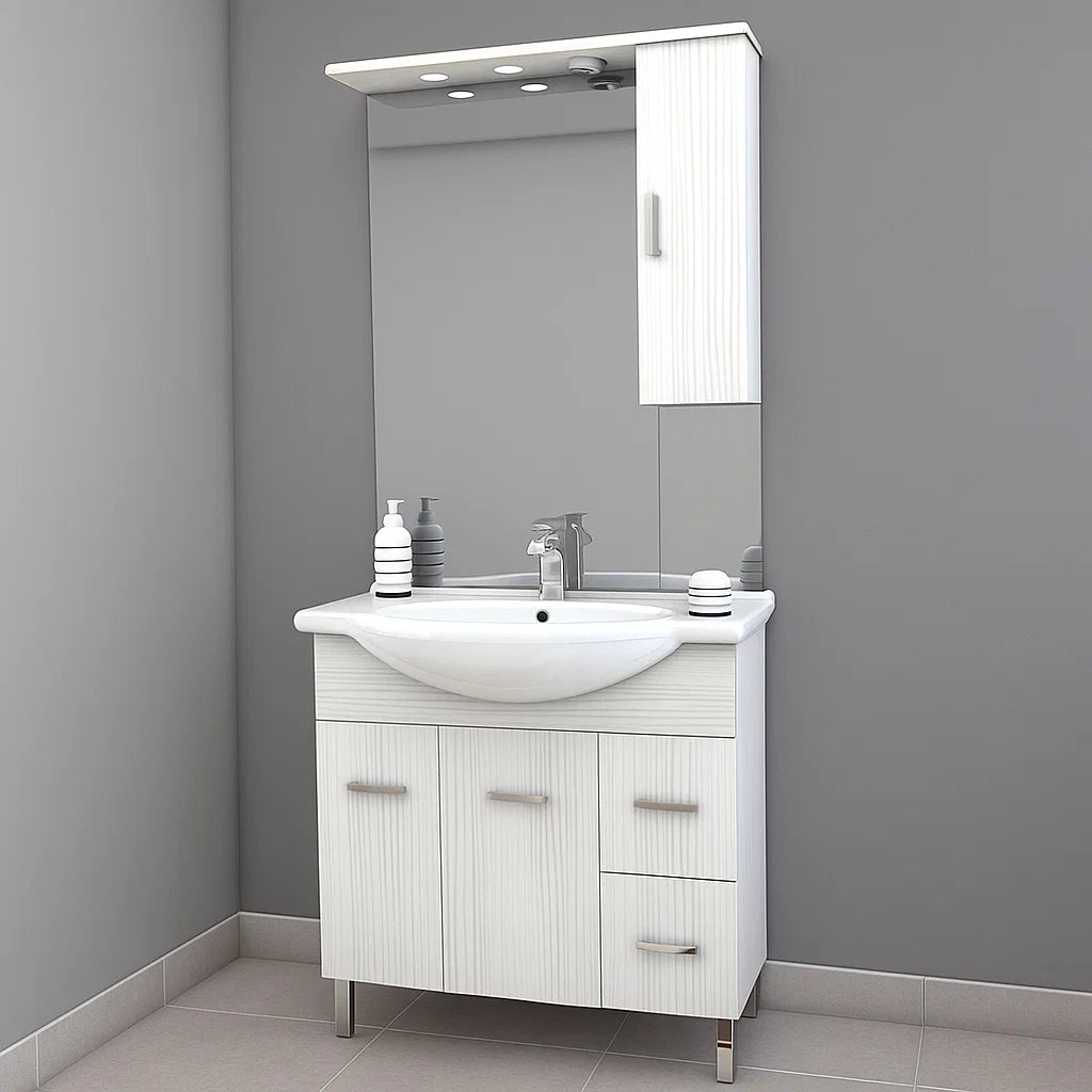 Mobile bagno a terra con due ante, due cassetti, lavabo in ceramica, specchio e pensile modello Jour in nobilitato legno larice bianco