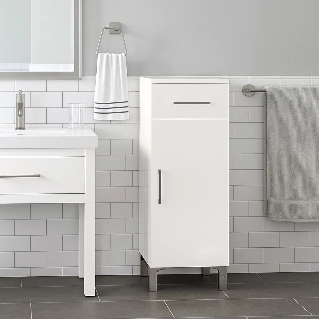 Mobiletto bagno singolo con un'anta e cassetto modello Beach bianco lucido