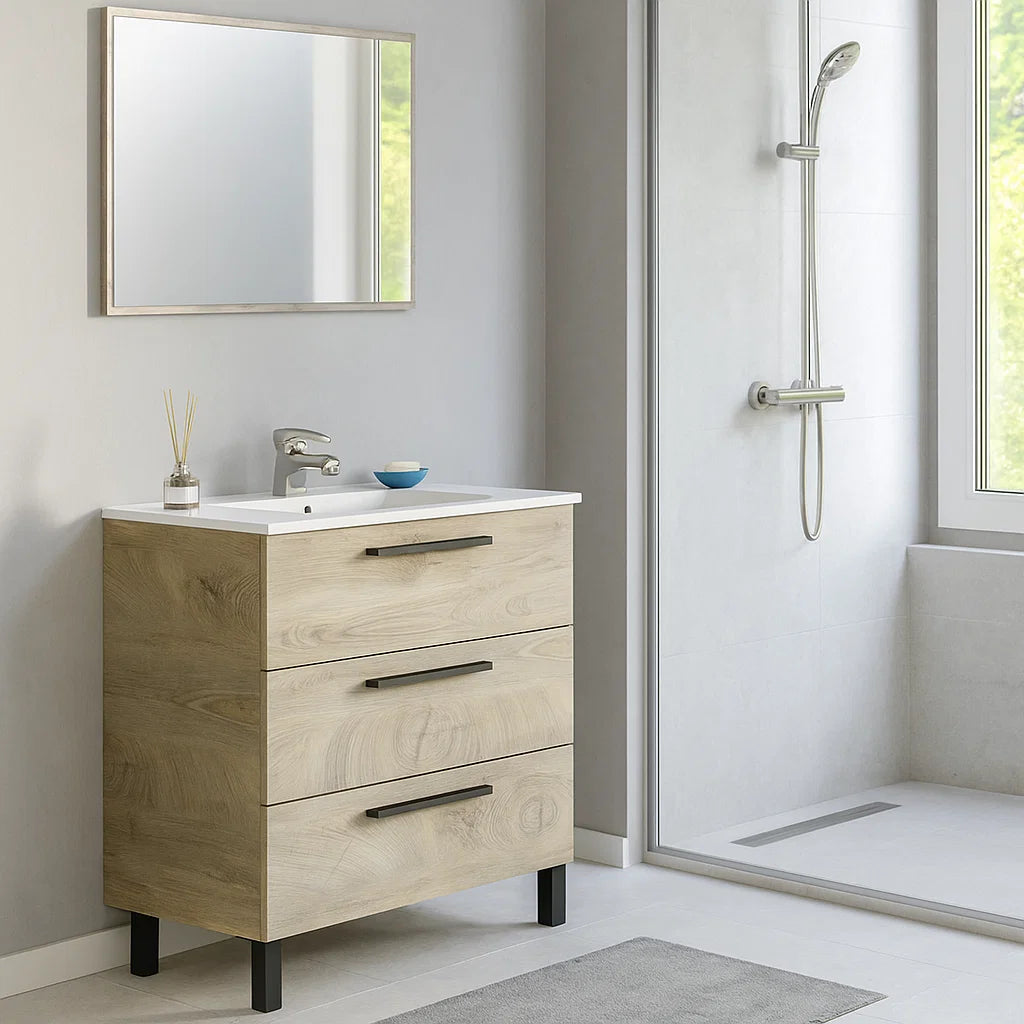 Mobile bagno Line completo di lavabo e specchio color Rovere Alaska cm 80