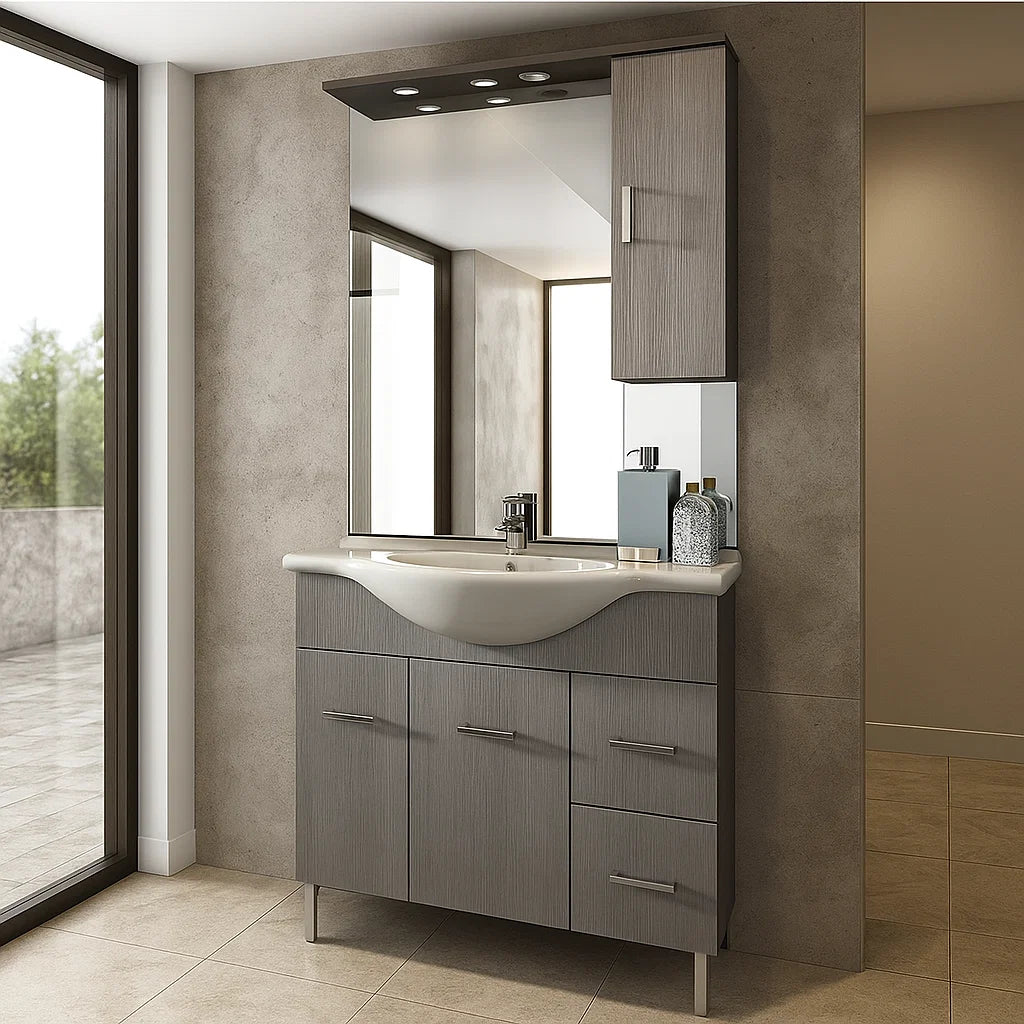 Mobile bagno a terra con lavabo in ceramica, specchio e pensile contenitore modello Jour in nobilitato rifinitura effetto legno larice grigio