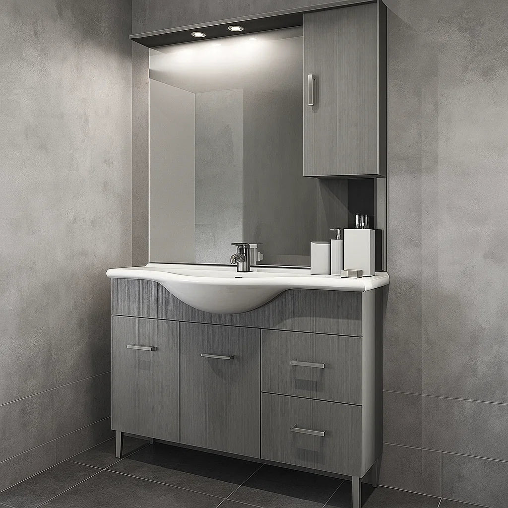 Mobiles Badezimmer mit zwei Türen, Keramikwaschbecken, Spiegel und Hängeschrank Modell Jour 105 cm in grauer Lärchen-Nobilitierung