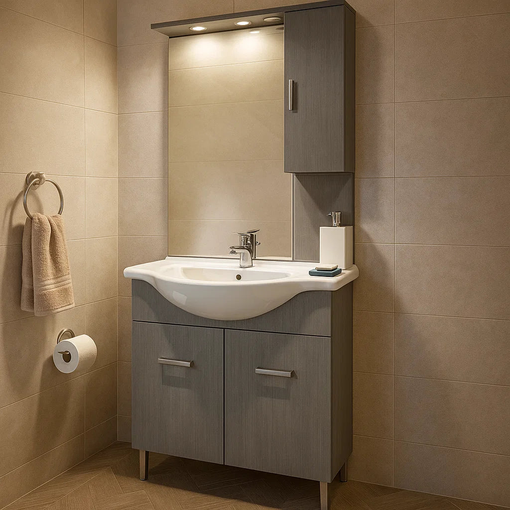 Mobile bagno a terra a due ante con lavabo, specchio e pensile modello Jour in nobilitato rifinitura larice grigio