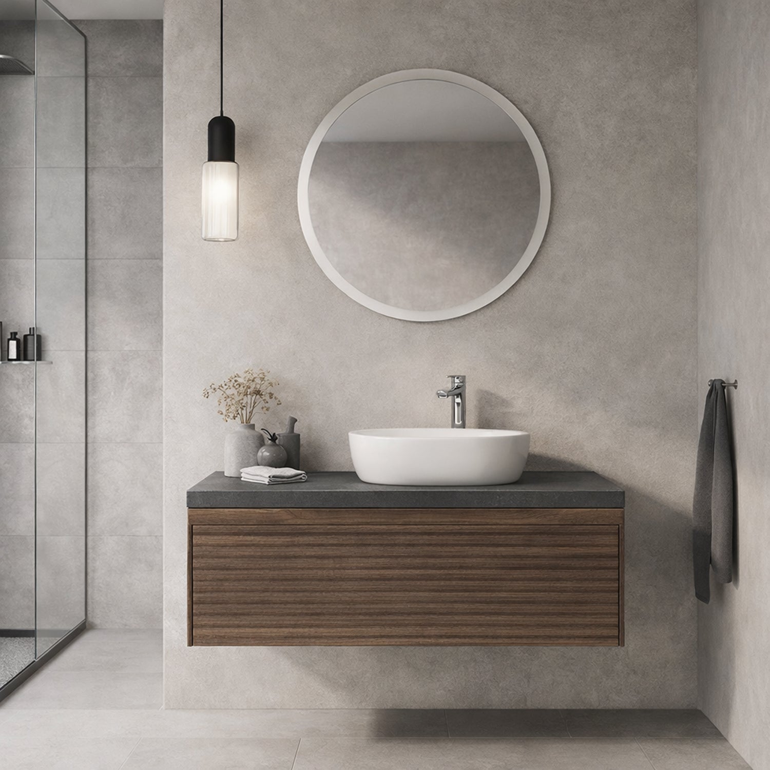 Mobile bagno sospeso Axis 90 cm in noce canaletto e ardesia con lavabo e specchio