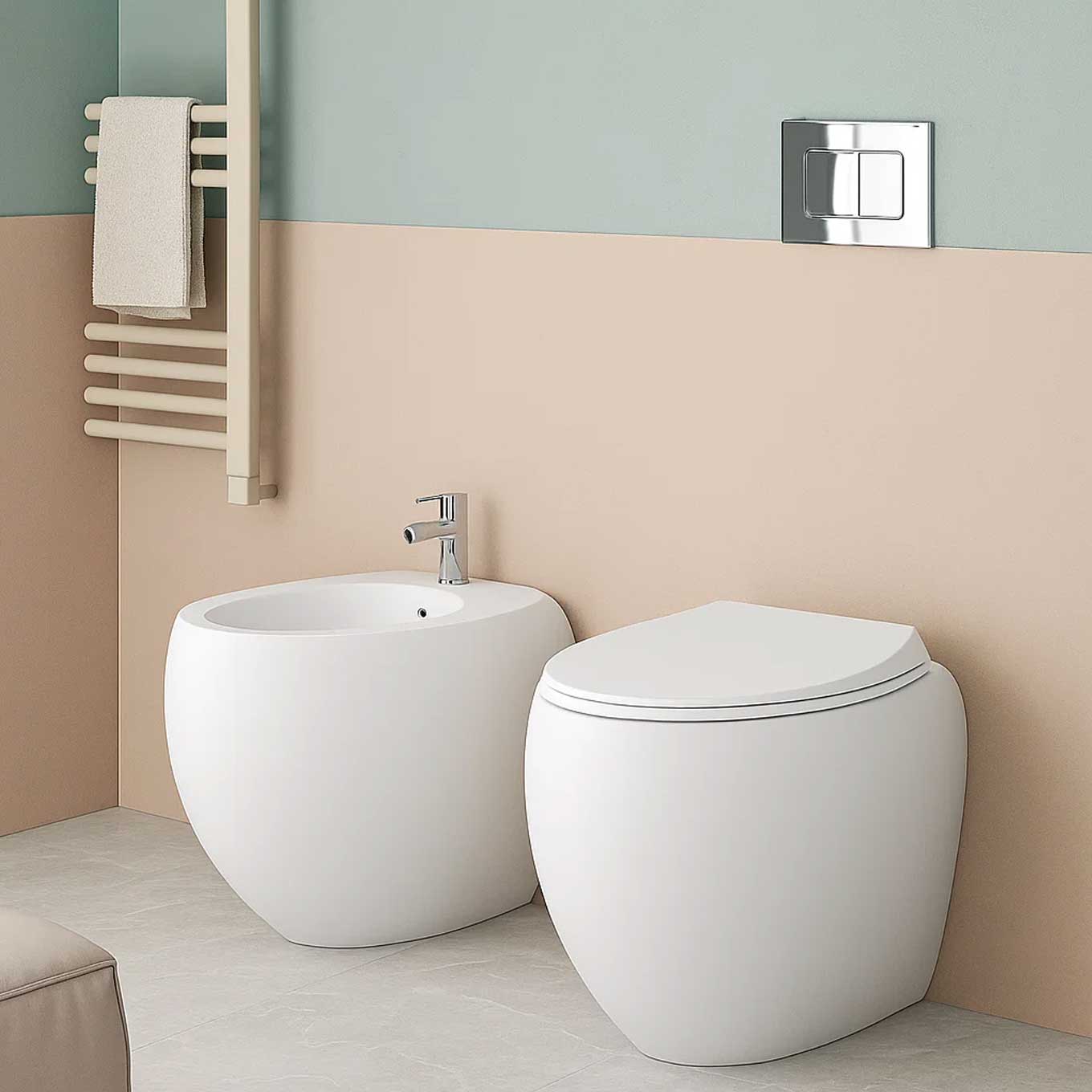 Pair of wall-hung sanitary fixtures with rimless toilet model Cloud by Rak Ceramics including toilet seat cover 56 cm Matte White