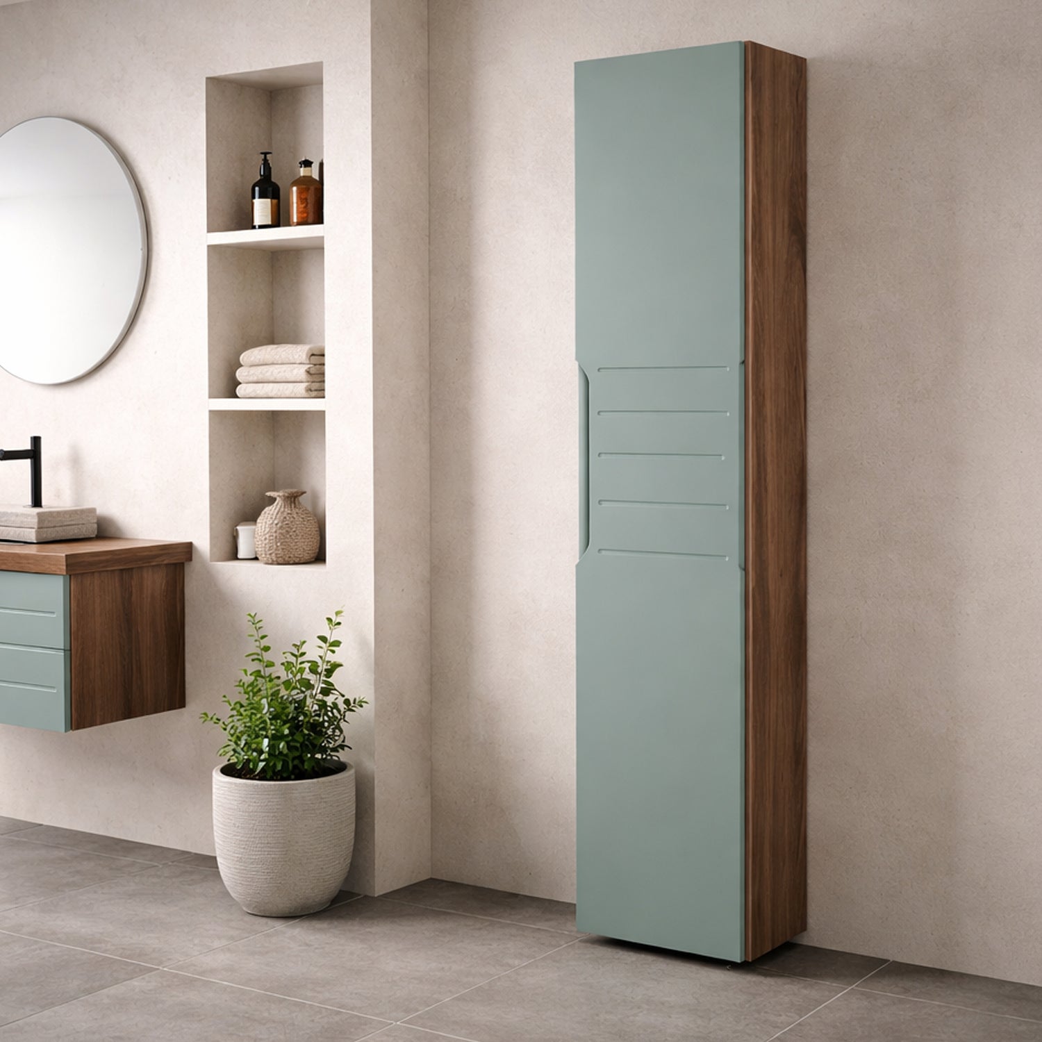 Pensile bagno Essenza in noce canaletto e verde salvia – h 150 cm