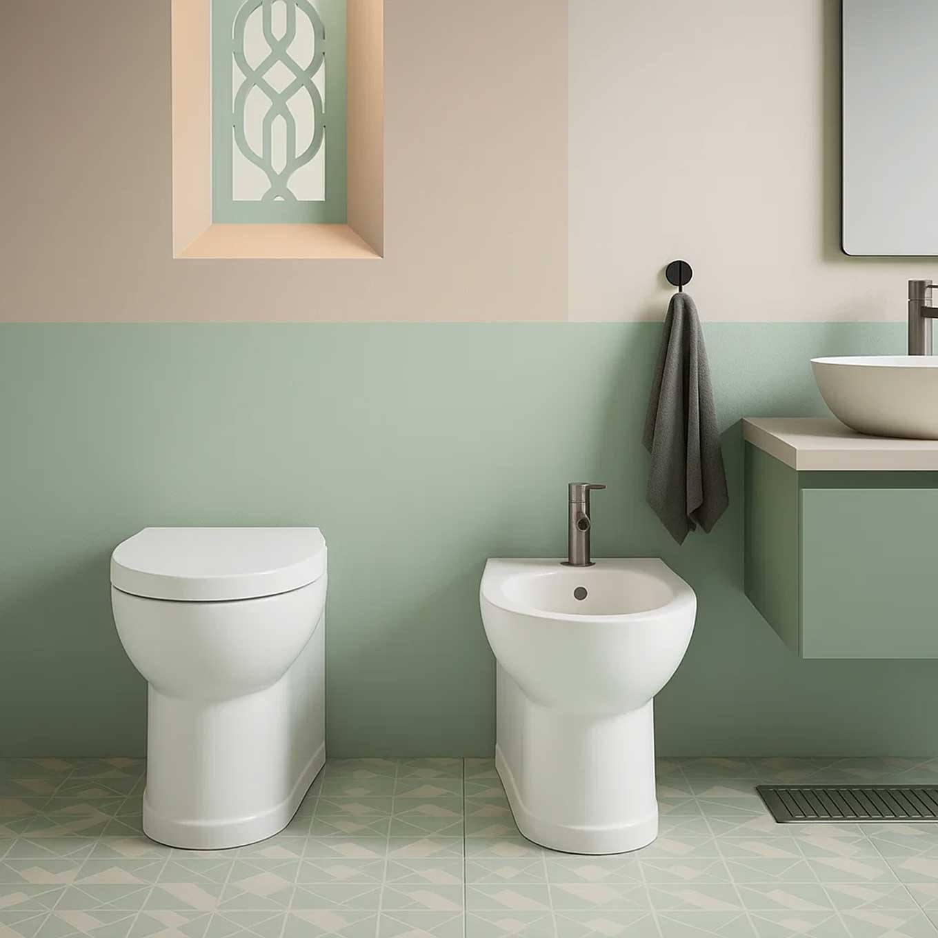 Wandbündige Sanitäranlagen mit universellem Ablauf und Soft-Close-Sitz Serie Isola 48x38 cm - Mattweiß