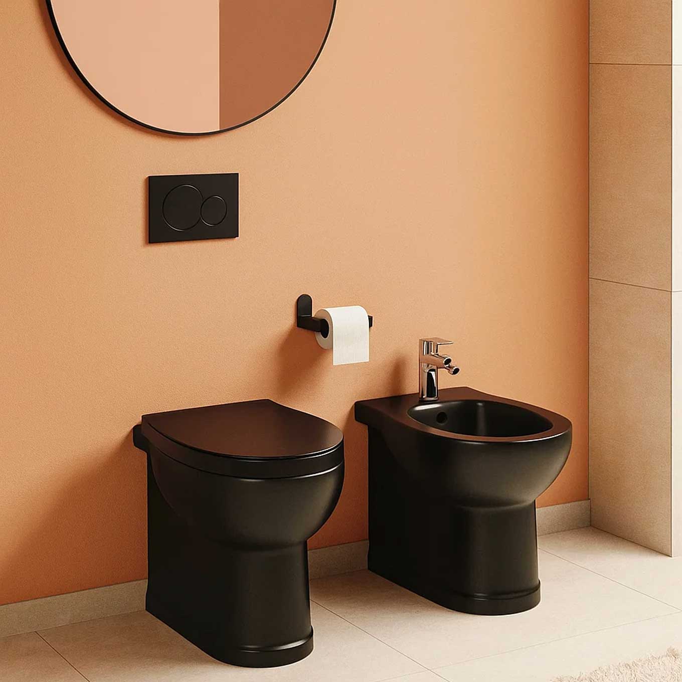 Wall-mounted sanitary ware with universal drain and seat included Isola series 48x38 cm - Matte Black