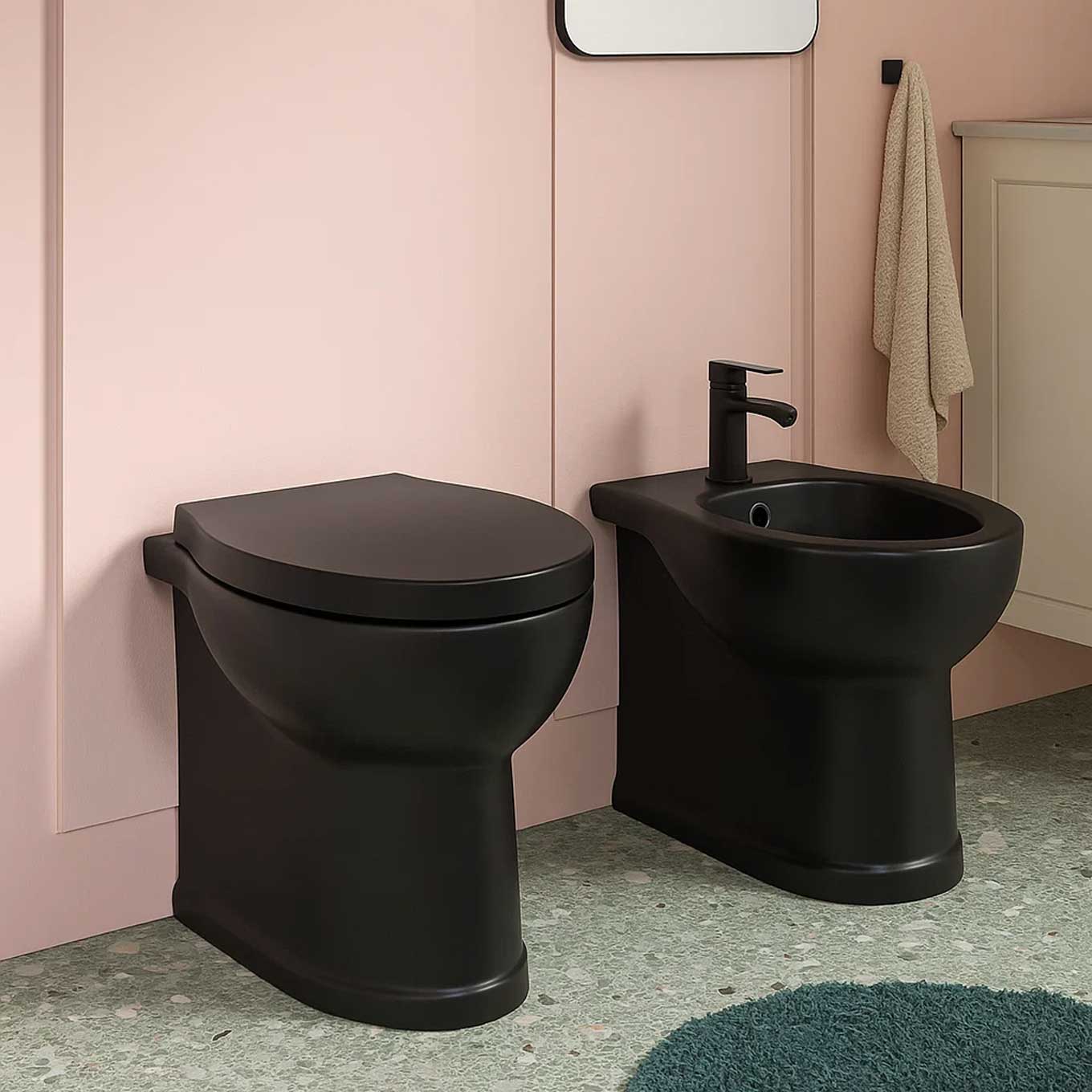 Wall-mounted sanitary ware with universal drain and seat included Isola series 48x38 cm - Matte Black