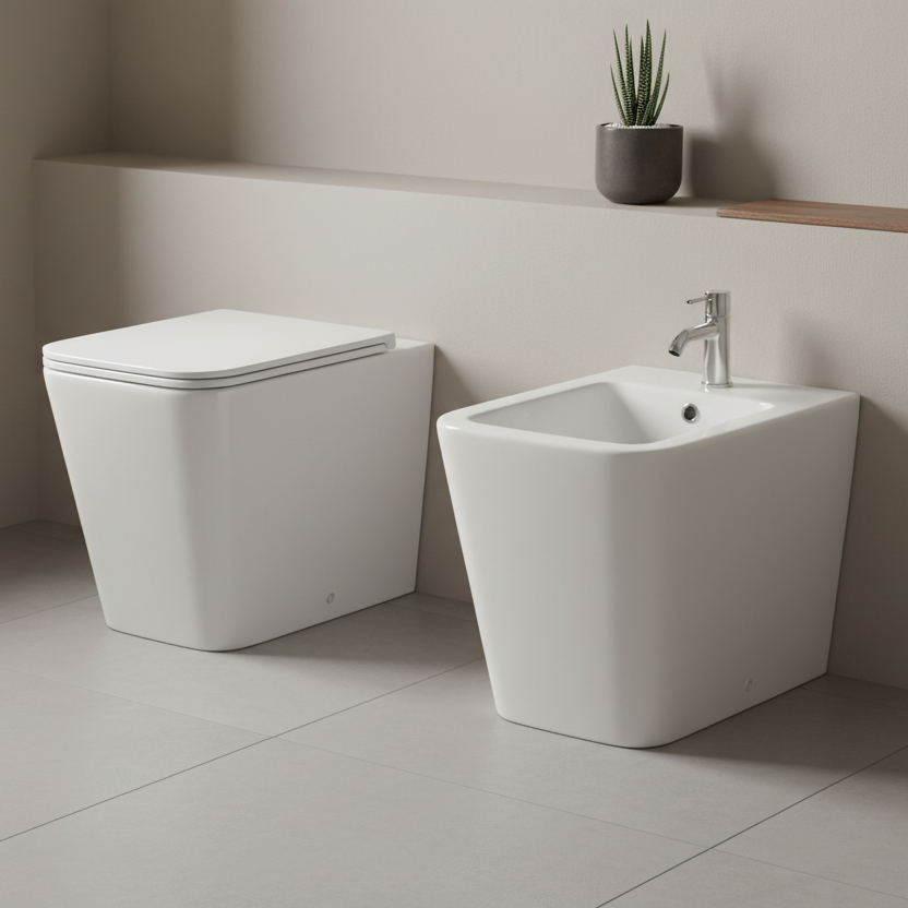 Coppia sanitari a terra BathCore serie Lunaria 56x36x40 cm - Vaso a terra + bidet a terra + copriwater