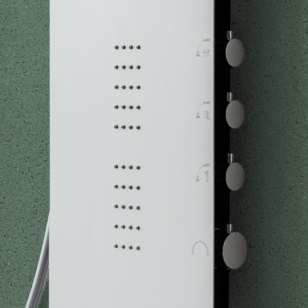 Pannello Doccia in acciaio inox verniciato bianco con miscelatore a 3 vie soffione, idromassaggio, flessibile e doccetta Monte Civetta