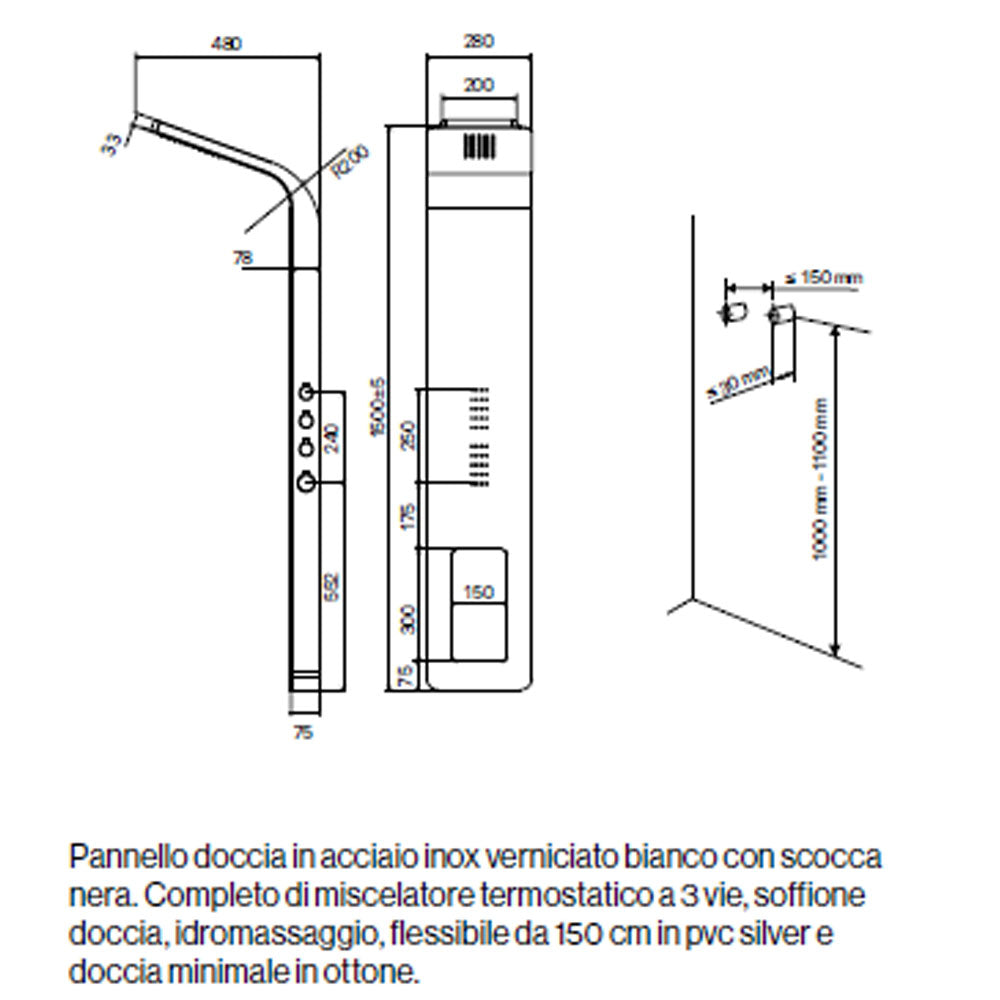 Pannello Doccia in acciaio inox verniciato bianco con miscelatore a 3 vie soffione, idromassaggio, flessibile e doccetta Monte Civetta