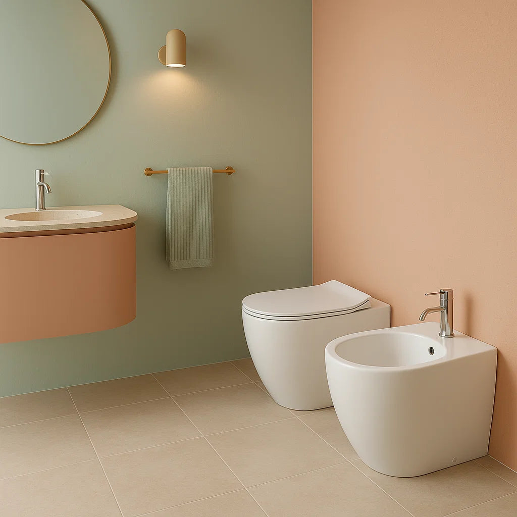 Sanitari filo parete senza brida con scarico traslato e sedile soft close Collezione Flux di Bathcore