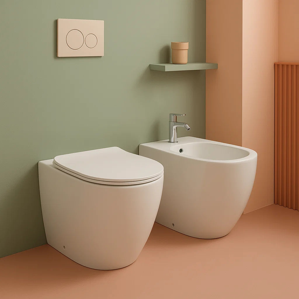 Sanitari filo parete senza brida con scarico traslato e sedile soft close Collezione Flux di Bathcore