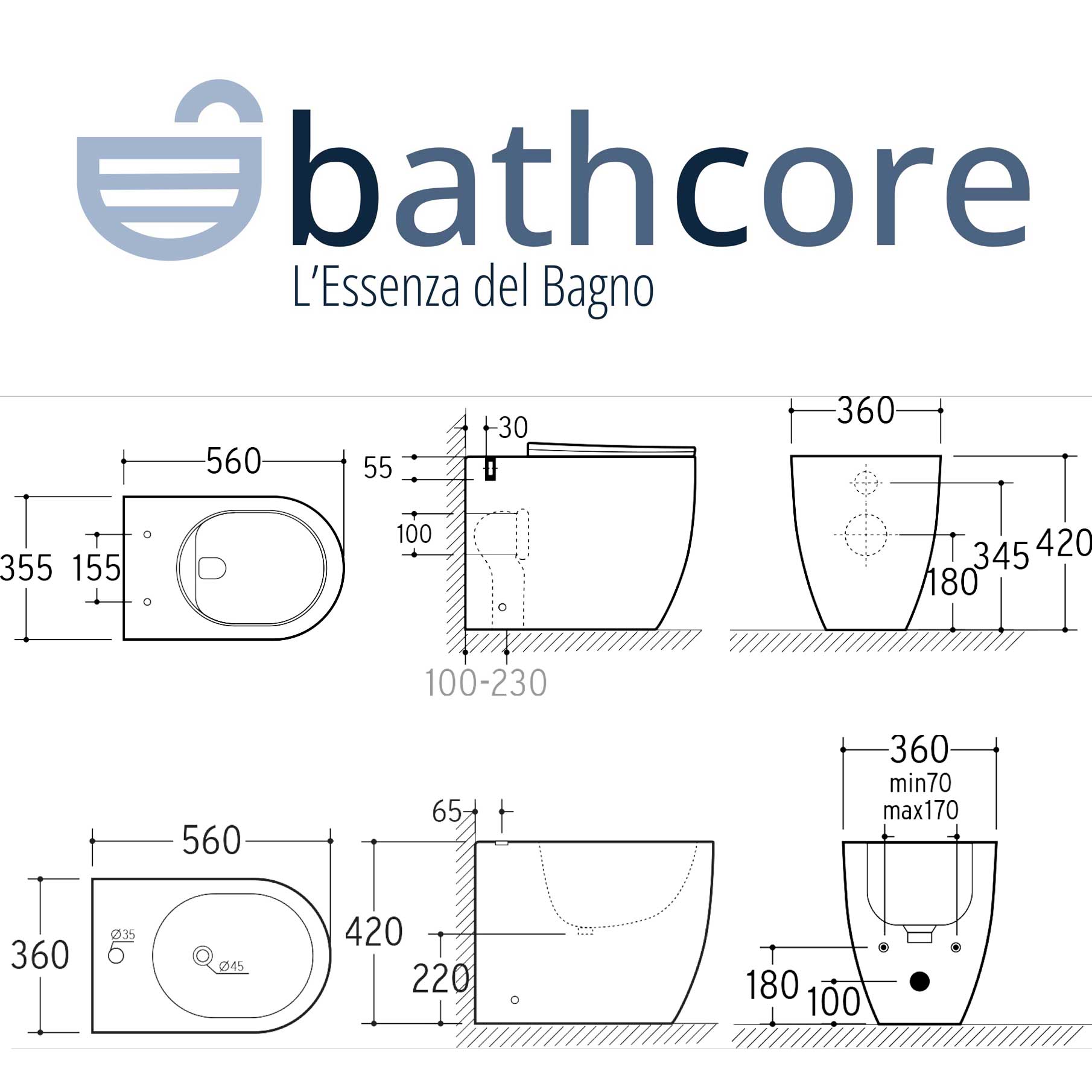 Sanitari filo parete senza brida con scarico traslato e sedile soft close Collezione Flux di Bathcore