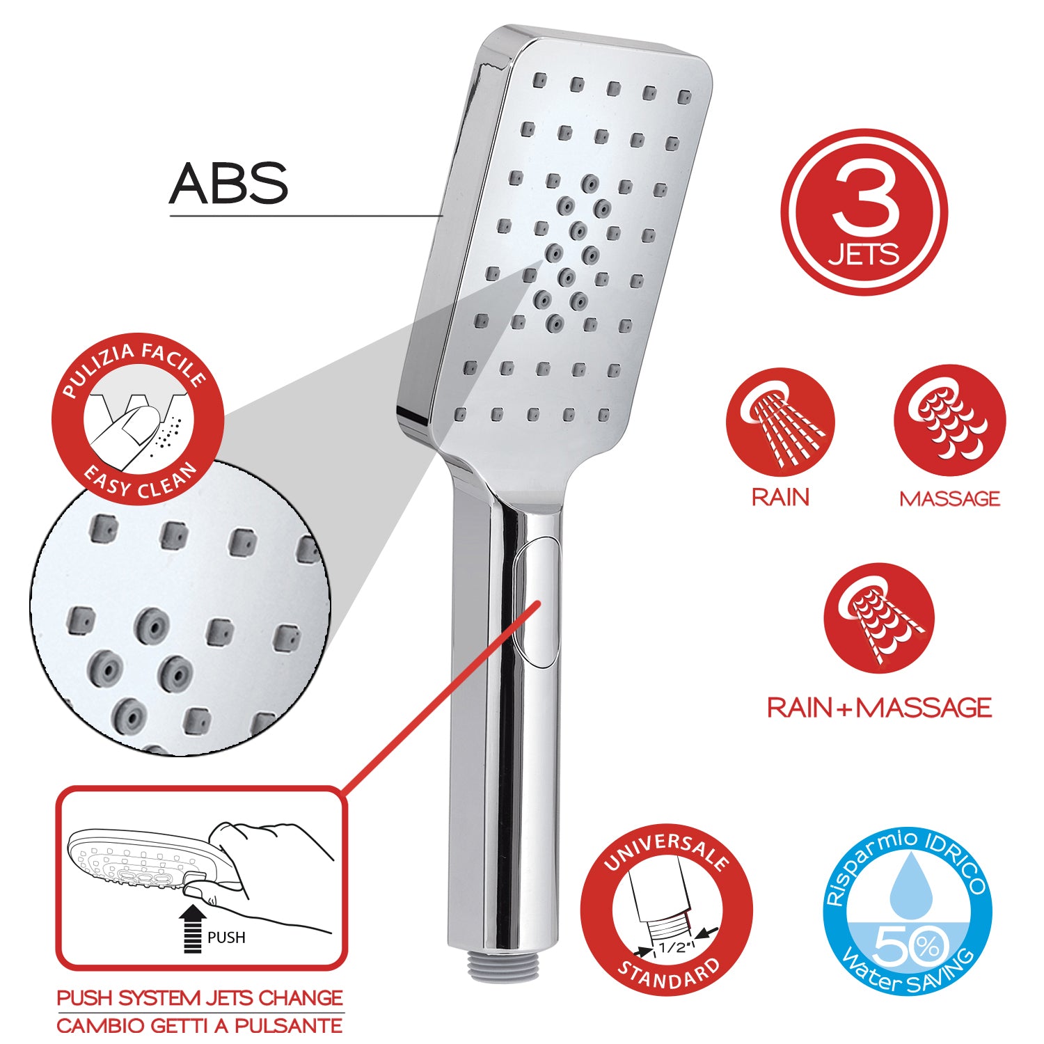 Doccetta a 3 getti con cambio getti a pulsante modello Tech 10 di Gedy - Cromato by CeramicStore | Lo specialista del tuo bagno