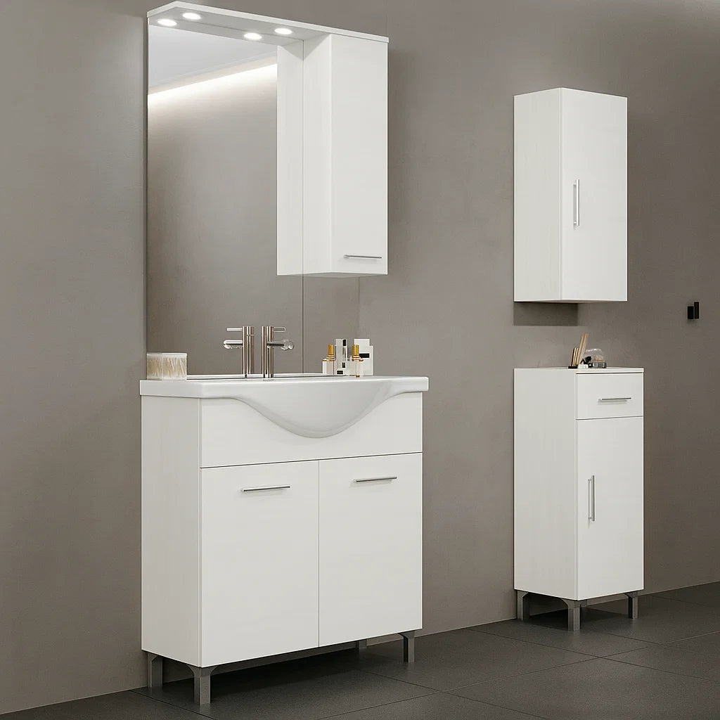 Mobile bagno completo di lavabo e specchio con pensile cm 75 Bianco Lucido Cubi&Co Beach 1