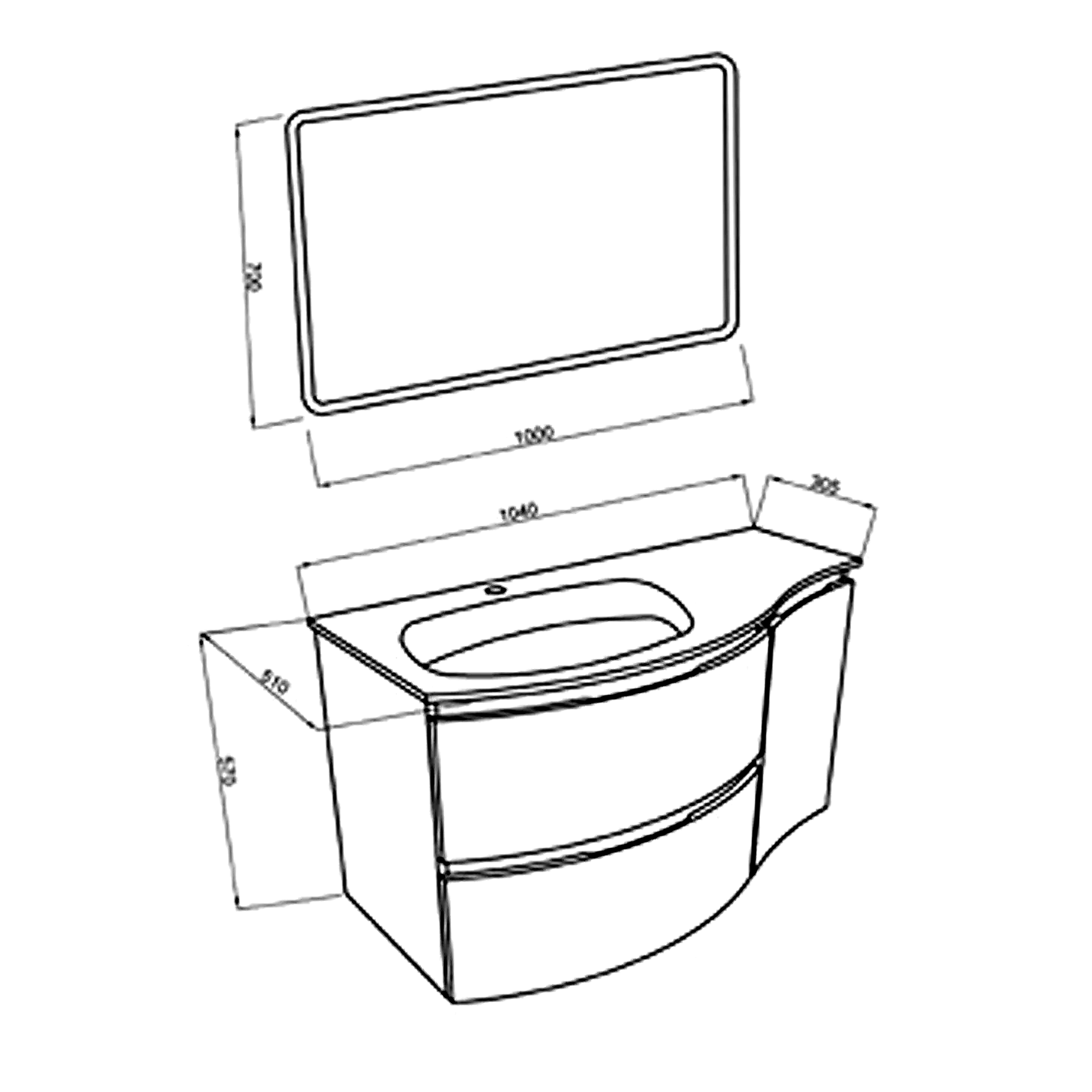 Mobile bagno a due cassetti e 1 anta con lavabo in resina specchio led cm 105 Legno Nordico-modello Onde 3