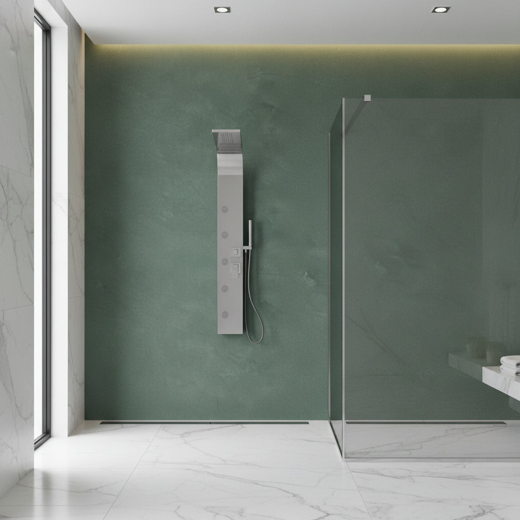 Pannello Doccia in acciaio inox spazzolato con miscelatore a 4 vie soffione con cascata, idromassaggio, flessibile e doccetta Smeraldo