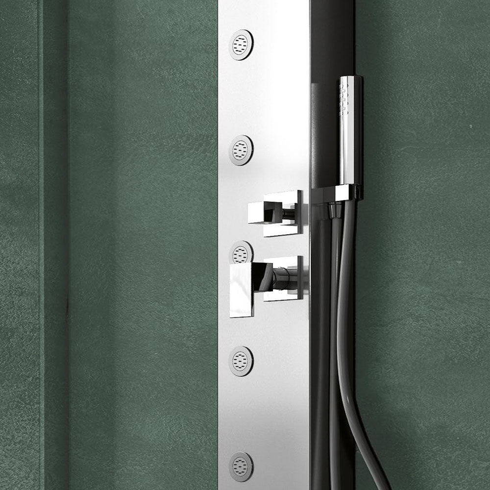 Pannello Doccia in acciaio inox spazzolato con miscelatore a 4 vie soffione con cascata, idromassaggio, flessibile e doccetta Smeraldo
