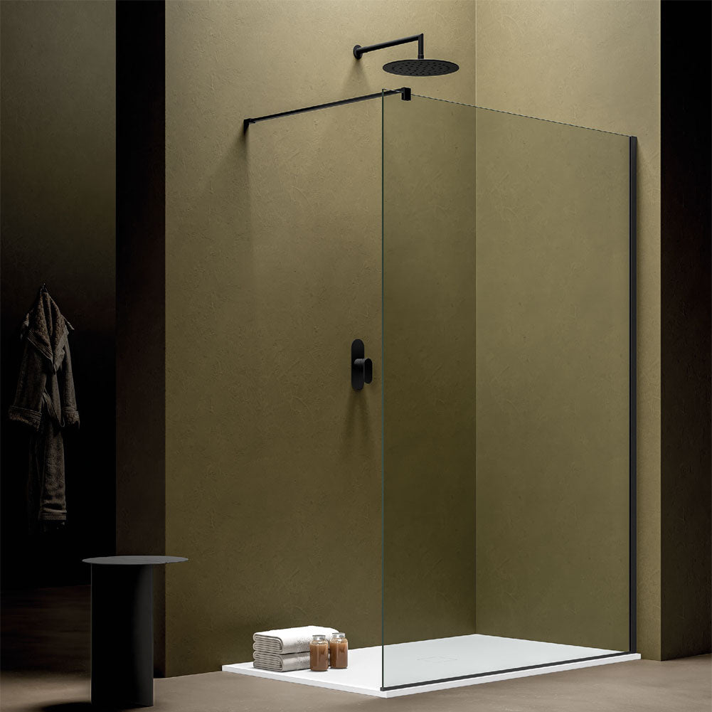 Parete walk-in Perla 100 cm in alluminio verniciato nero e cristallo trasparente 8 mm Anticalcare