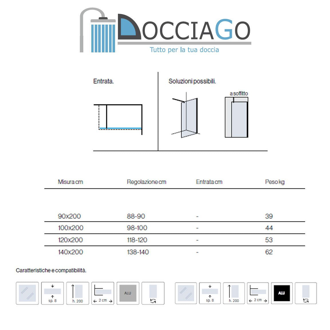 Parete walk-in Perla 100 cm in alluminio verniciato nero e cristallo trasparente 8 mm Anticalcare