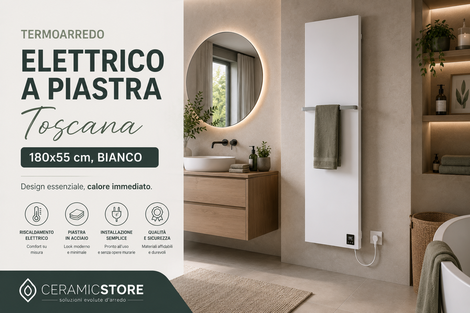 Termoarredo elettrico a piastra Toscana – 180x55 cm, bianco