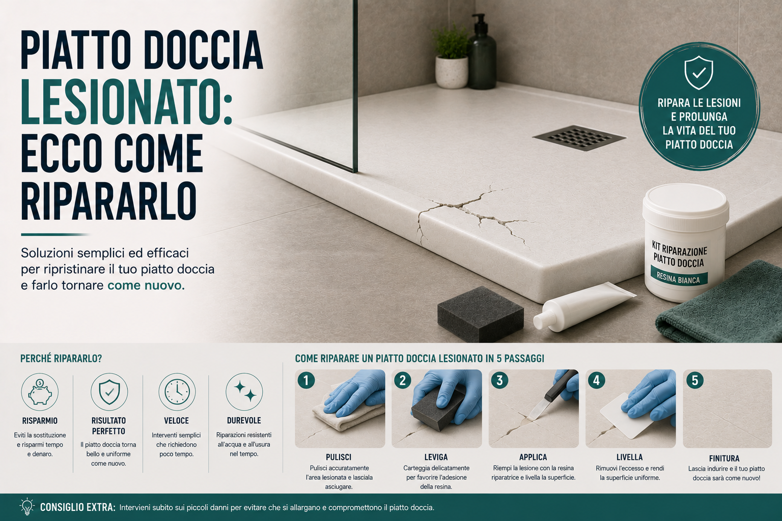 Piatto doccia lesionato: ecco come ripararlo