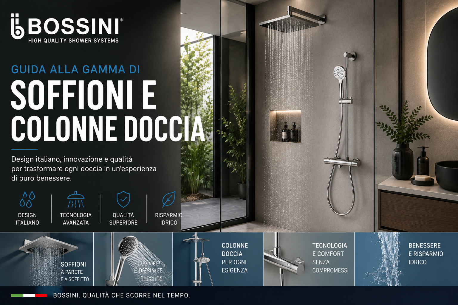 Bossini: guida alla gamma di soffioni e colonne doccia