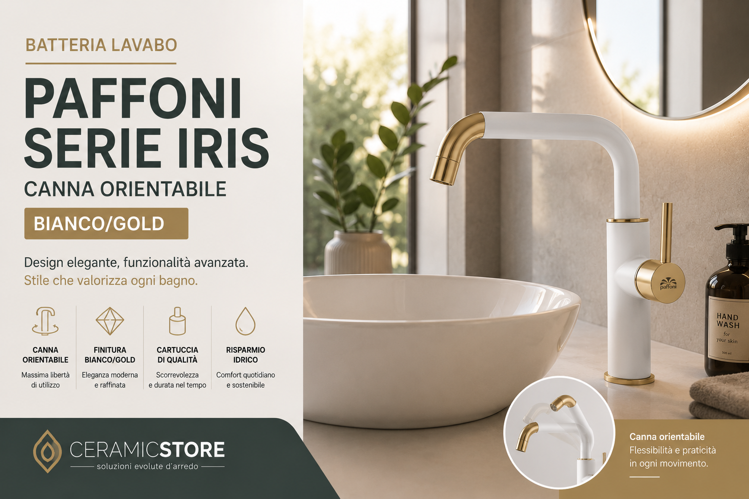 Batteria lavabo Paffoni serie Iris – canna orientabile, Bianco/Gold