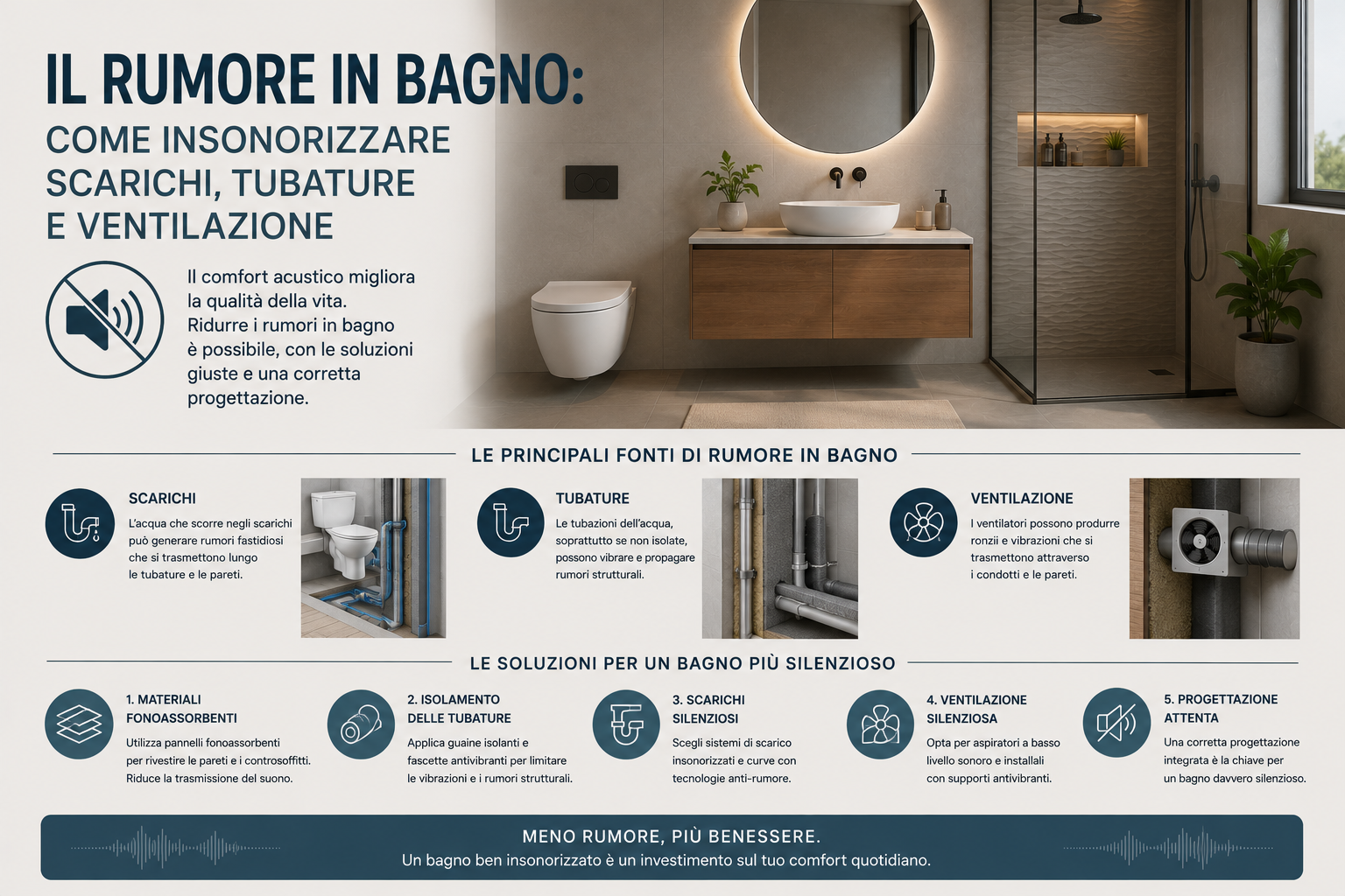 Il rumore in bagno: come insonorizzare scarichi, tubature e ventilazione