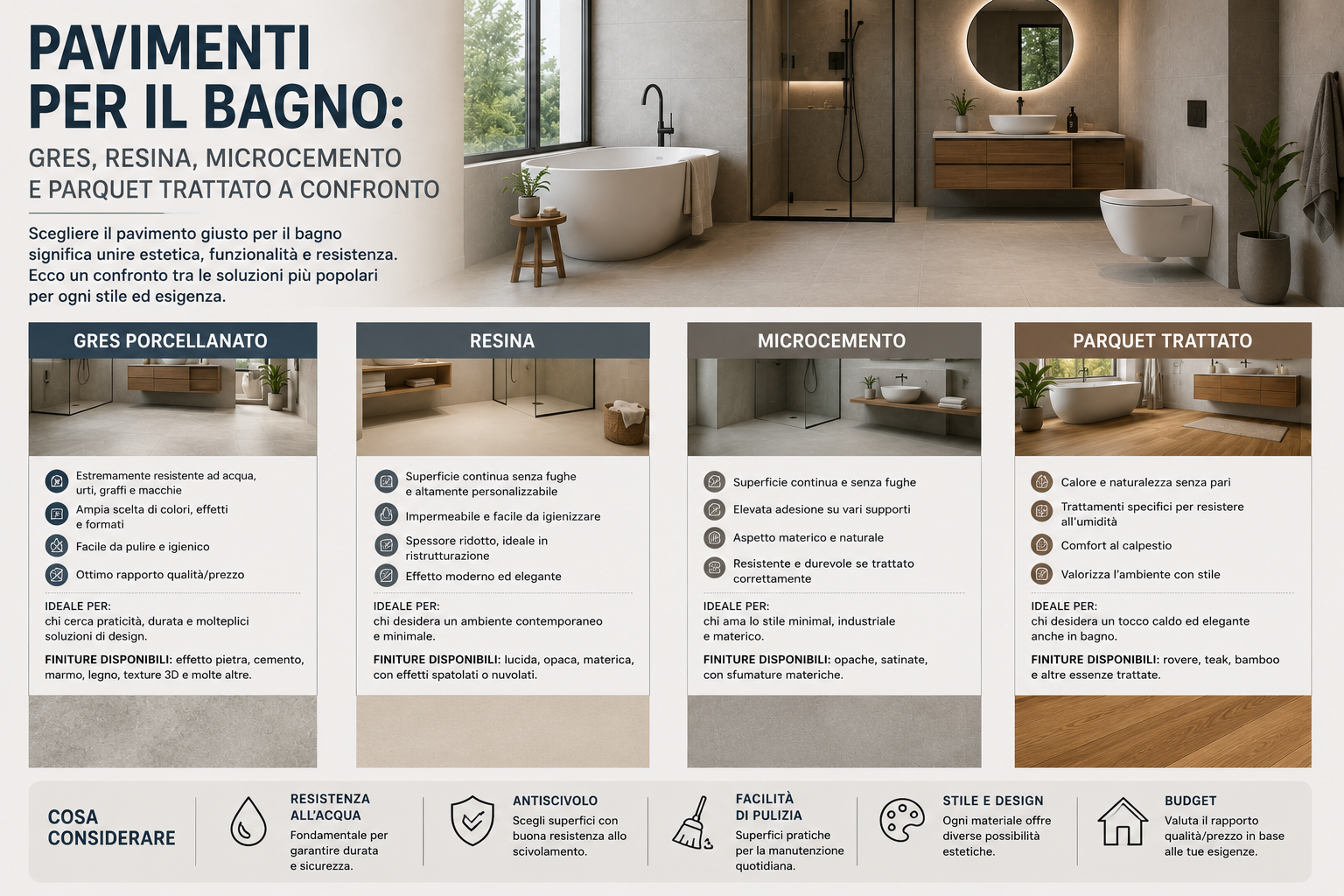 Pavimenti per il bagno: gres, resina, microcemento e parquet trattato a confronto