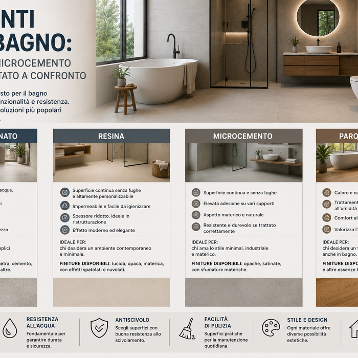 Pavimenti per il bagno: gres, resina, microcemento e parquet trattato a confronto
