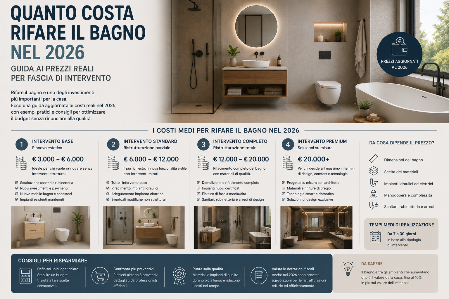 Quanto costa rifare il bagno nel 2026: guida ai prezzi reali per fascia di intervento