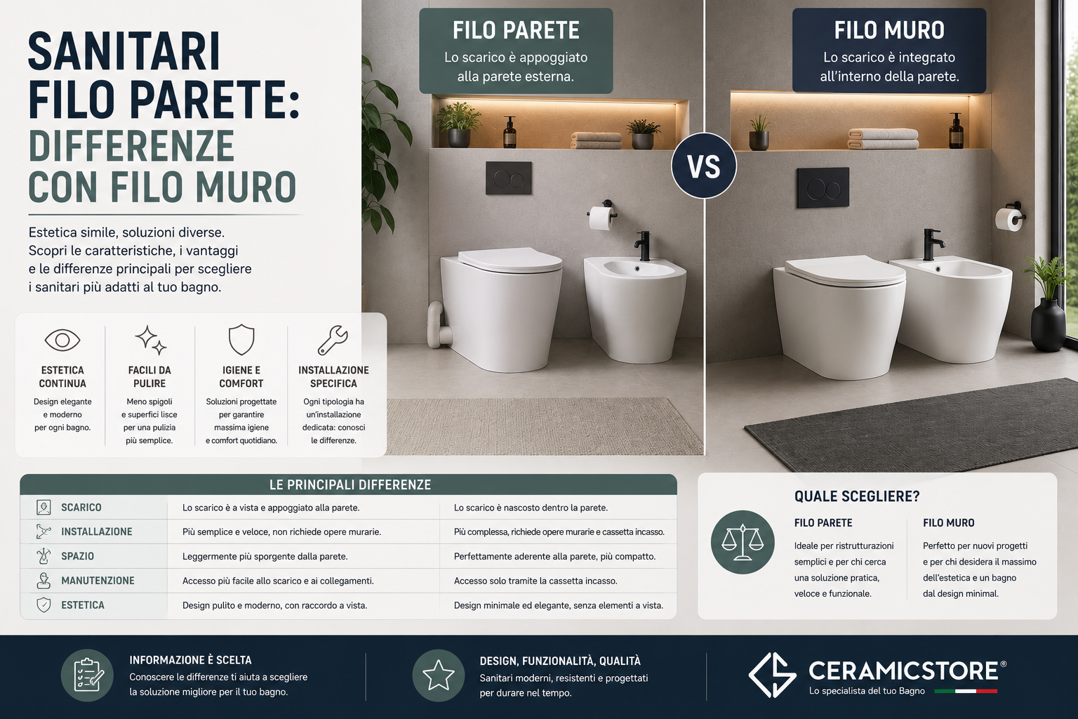 Sanitari filo parete: differenze con filo muro