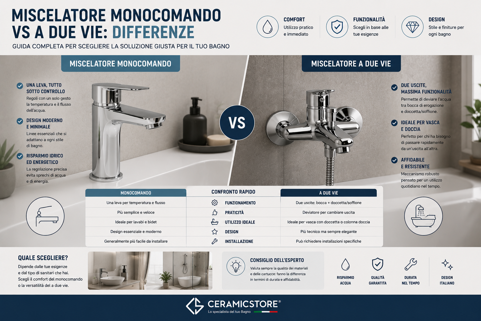 Miscelatore monocomando vs a due vie: differenze