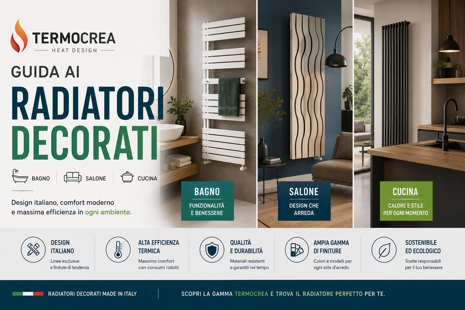 Termocrea: guida ai radiatori decorati per bagno, salone e cucina