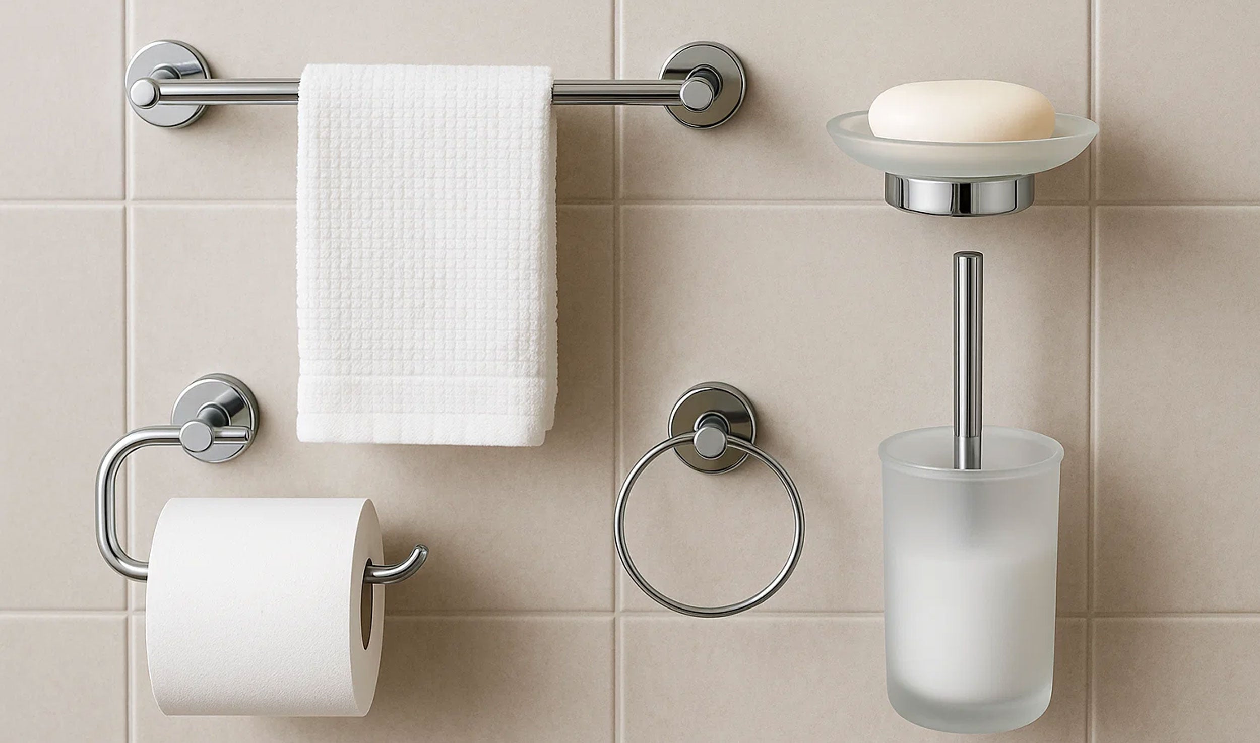 Set portasciugamani da bagno in acciaio inox, ganci autoadesivi e porta carta igienica (argento, 5 pezzi) | Leroy Merlin Set portasciugamani da bagno in acciaio inox, ganci autoadesivi e porta carta igienica (argento, 5 pezzi) | Leroy Merlin