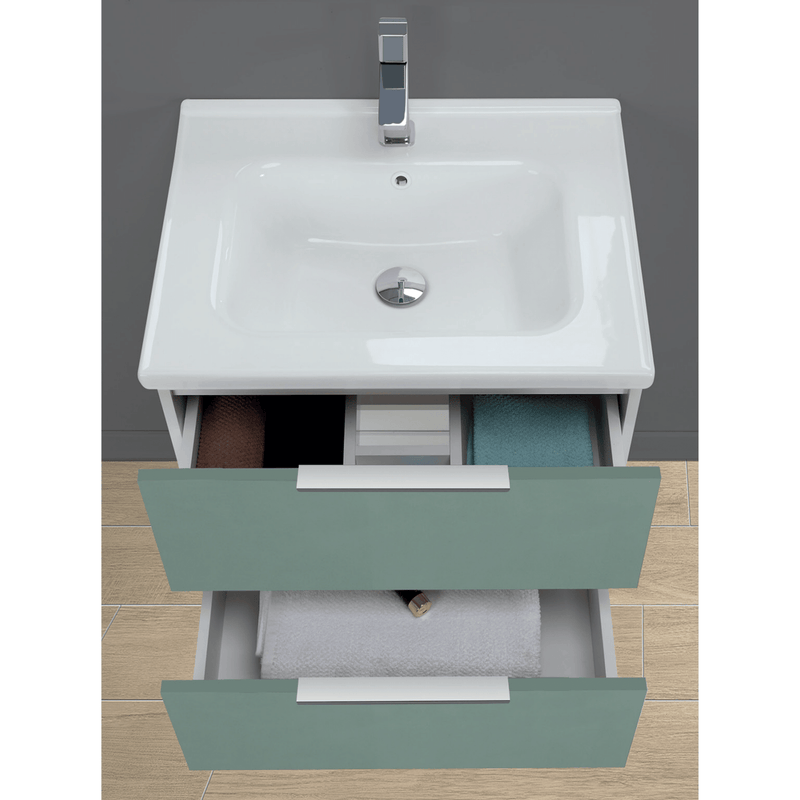 Mobile Bagno Sospeso 60 Cm Due Cassetti Specchio a Filo 60x80 Cm colore Verde
