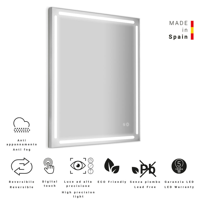 Specchio a led 60x80 con luci a led, cornice alluminio spazzolato e sistema anti-appannamento Gedy modello Paul