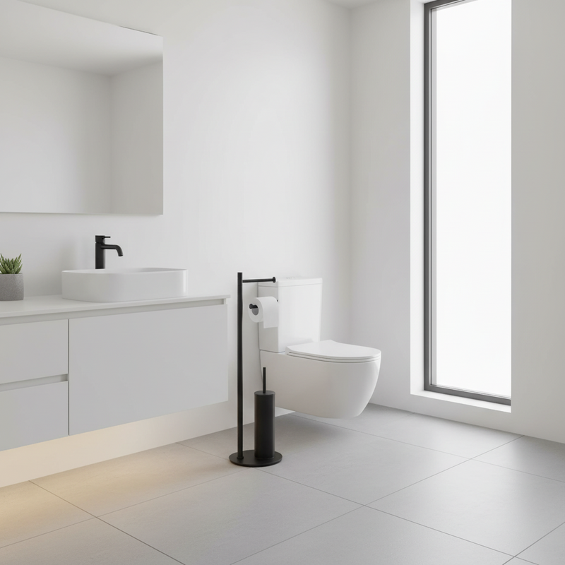 Piantana Portarotolo e Scopino in acciaio inox Nero Matt Gedy Mida