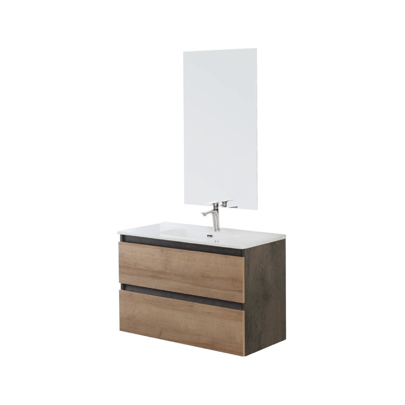 Mobile Bagno Sospeso 80 Cm Due Cassetti Specchio a Filo 80x60 Cm Finitura Rovere Riviera/Ossido Grigio